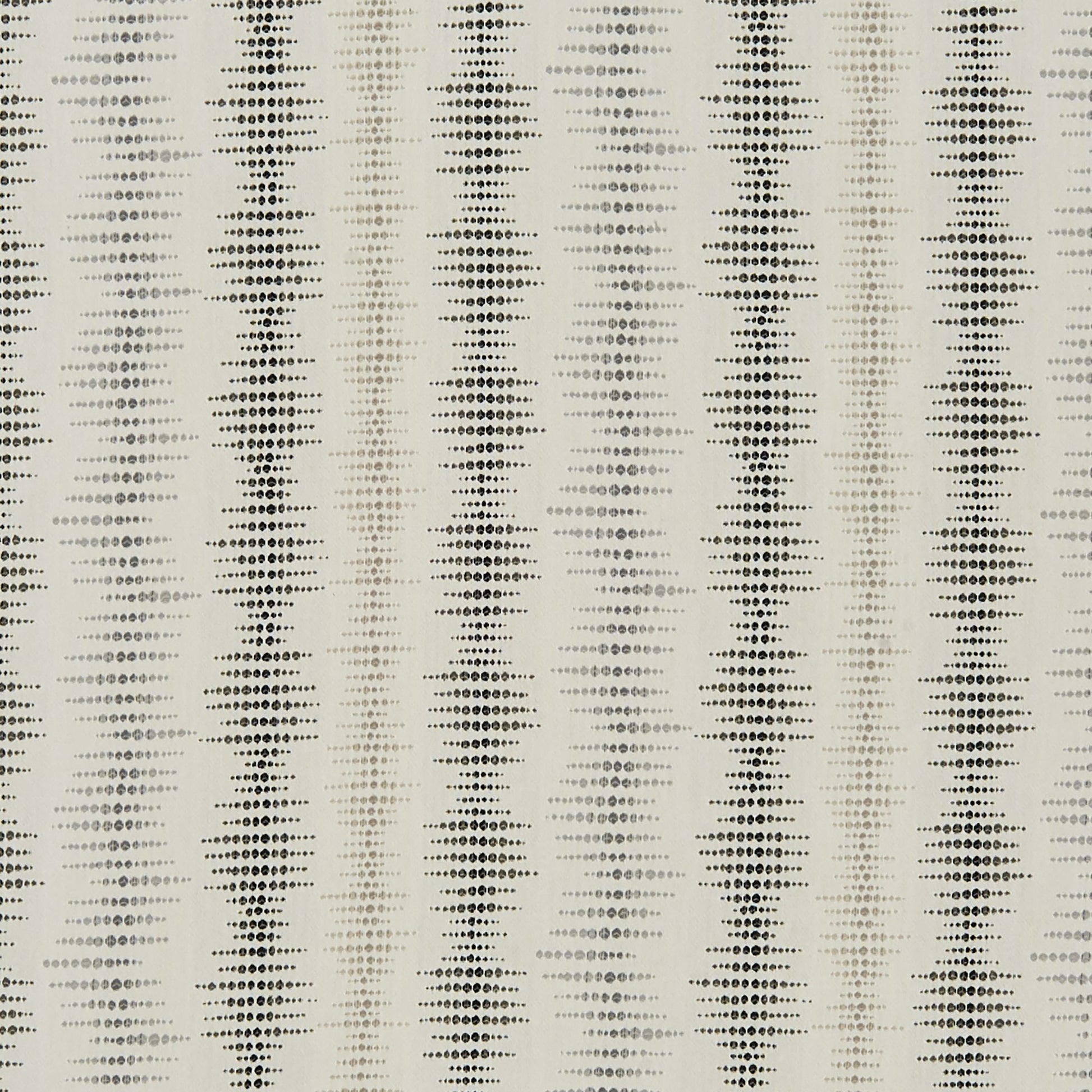 Neutral fabric with vertical dotted zigzag stripes in black, gray and taupe on ivory; modern geometric upholstery textile.