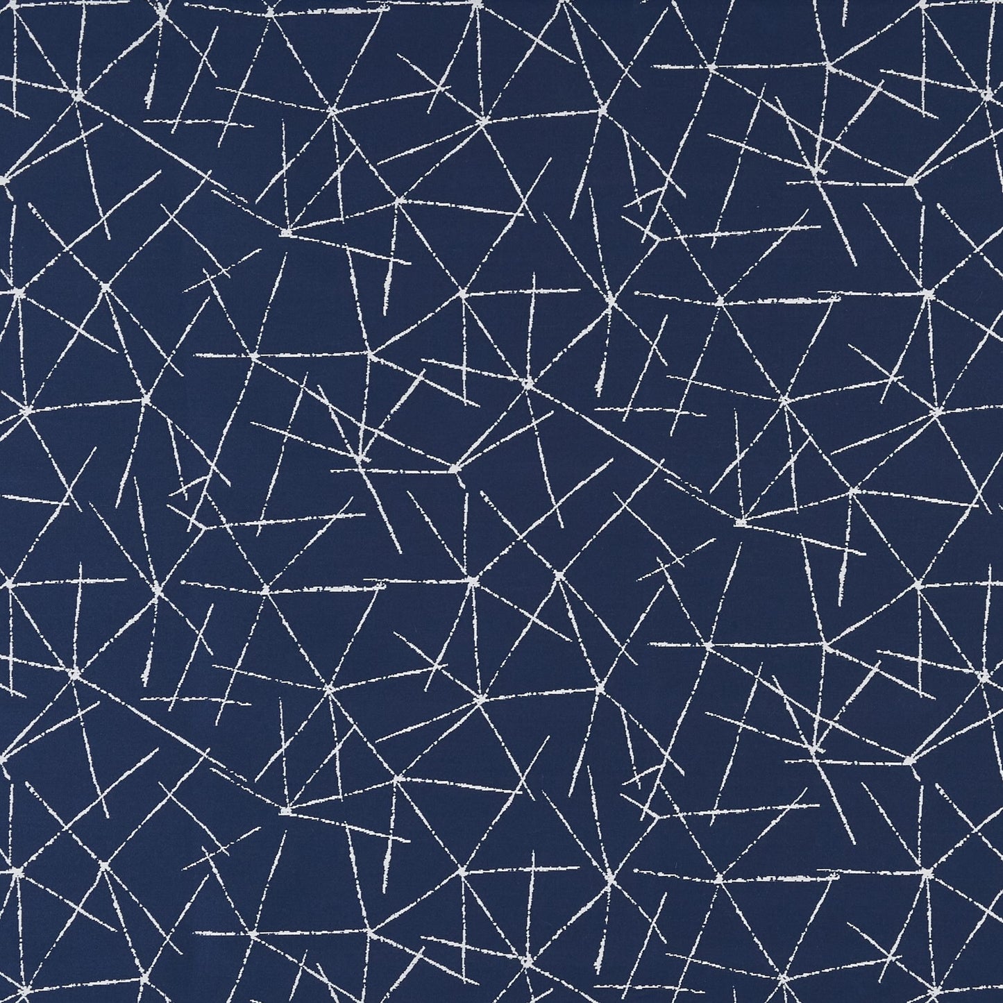 Navy blue fabric with white fracture-line geometry, abstract modern textile pattern.
