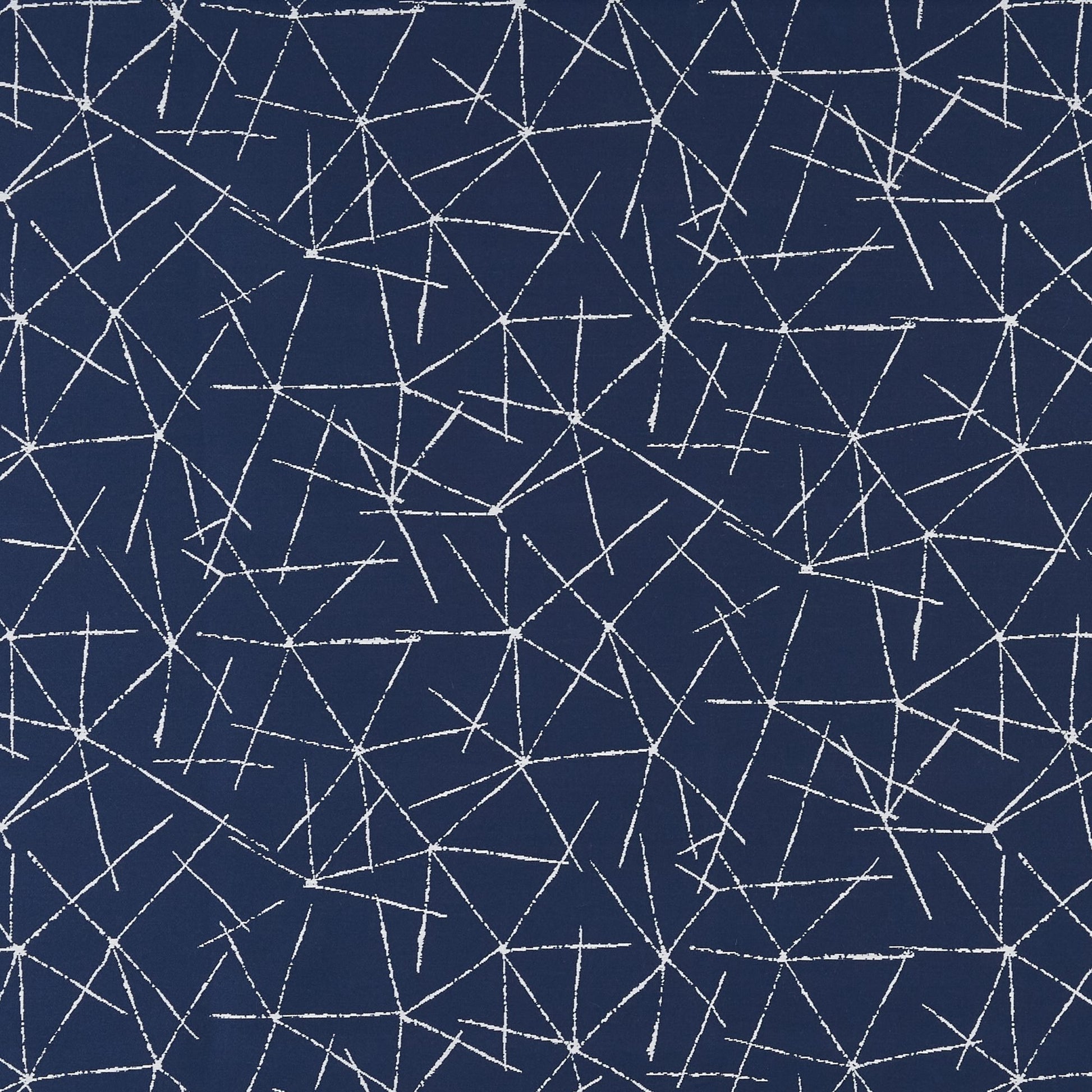 Navy blue fabric with white fracture-line geometry, abstract modern textile pattern.