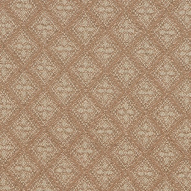 Brown jacquard fabric with repeating diamond damask pattern & floral medallions; suitable for upholstery or drapery.