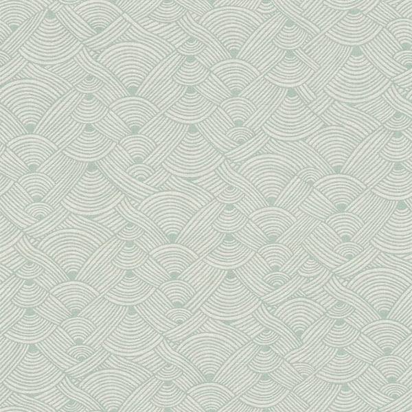Sage-green wallpaper with seamless overlapping fan scallop pattern of fine concentric lines; Art Deco geometric texture.
