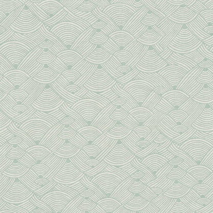 Sage-green wallpaper with seamless overlapping fan scallop pattern of fine concentric lines; Art Deco geometric texture.