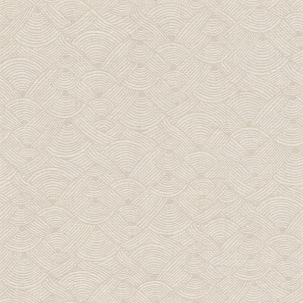 Beige wallpaper with embossed texture and a repeating Fusion Geo Swirl Art Deco–inspired geometric motif.