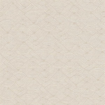 Beige wallpaper with embossed texture and a repeating Fusion Geo Swirl Art Deco–inspired geometric motif.
