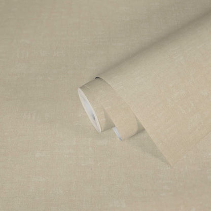 Beige linen fabric roll with textured weave, partially unrolled on pale background.