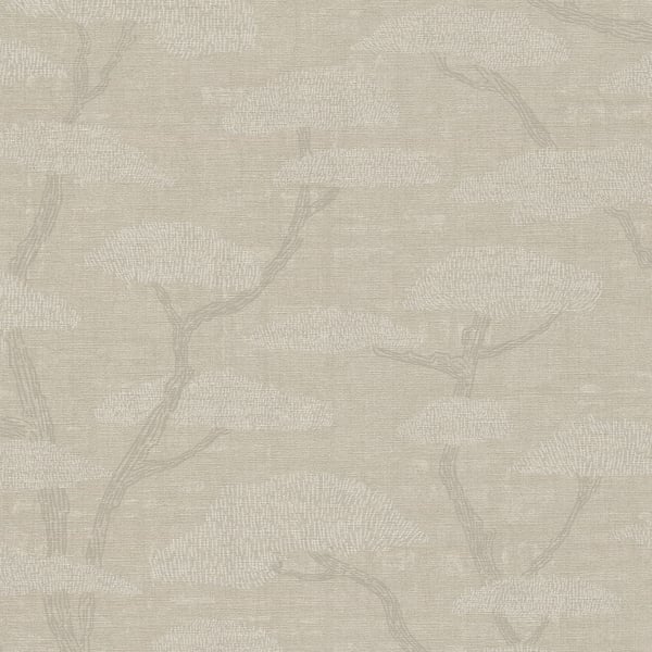 Beige botanical wallpaper with subtle linen texture & pale branch & blossom pattern.