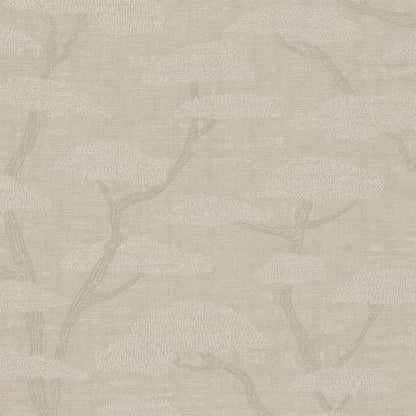 Beige botanical wallpaper with subtle linen texture & pale branch & blossom pattern.