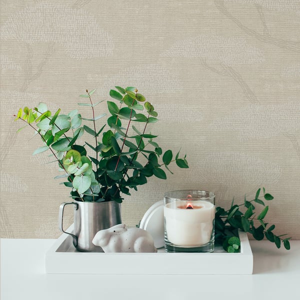 Beige wallpaper swatch featuring a chinoiserie tree motif.
