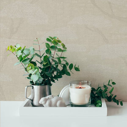 Beige wallpaper swatch featuring a chinoiserie tree motif.