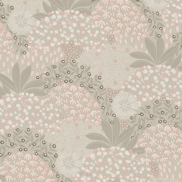 Pastel floral pattern in beige, pink and grey with daisies, leaves and delicate clusters.