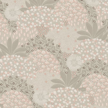 Pastel floral pattern in beige, pink and grey with daisies, leaves and delicate clusters.
