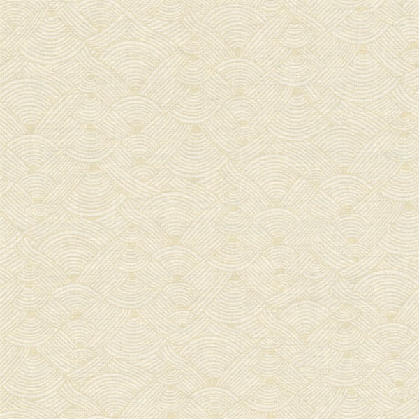 Beige textured wallpaper with a repeating fan and scallop geometric pattern and subtle linear detailing.