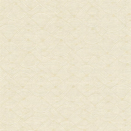Beige textured wallpaper with a repeating fan and scallop geometric pattern and subtle linear detailing.