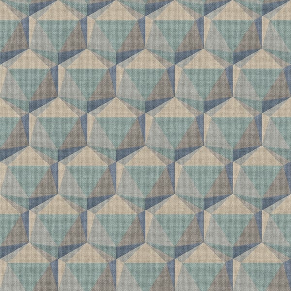 Isometric cube pattern in muted blues and beige; textured wallcovering with a woven look.