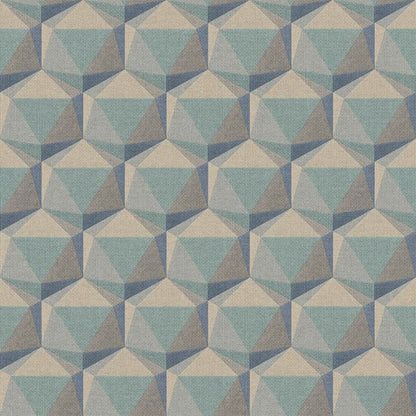 Isometric cube pattern in muted blues and beige; textured wallcovering with a woven look.