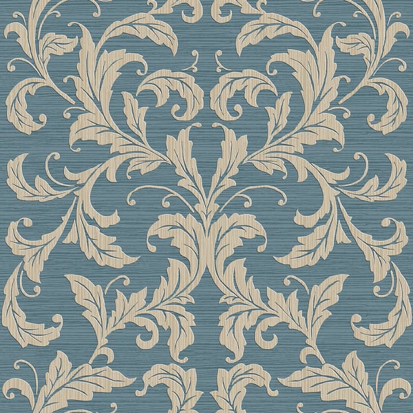 Blue textured wallpaper with cream scrolling damask floral pattern for a classic interior look.
