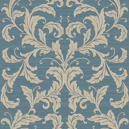 Blue textured wallpaper with cream scrolling damask floral pattern for a classic interior look.