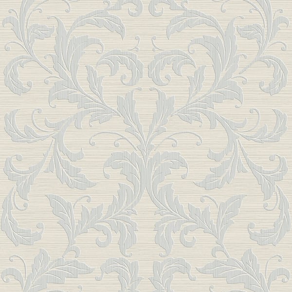 Silver Grey wallpaper with a linear damask pattern; decorative wall covering.