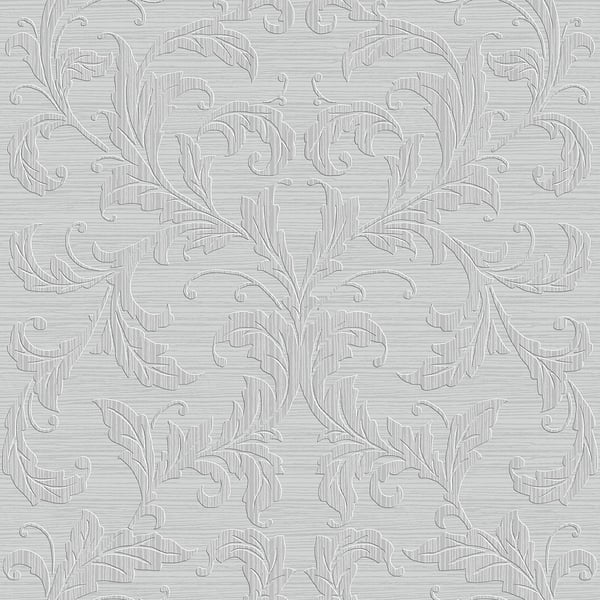 Light gray damask wallpaper with embossed scrolling vines and leaf motif.