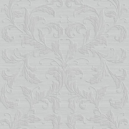 Light gray damask wallpaper with embossed scrolling vines and leaf motif.
