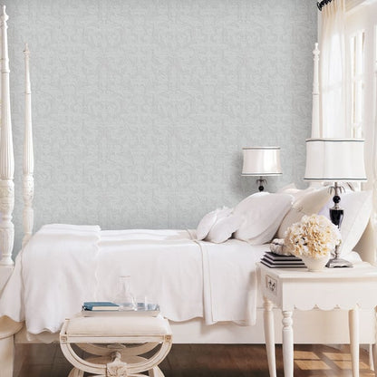 Silver grey linear damask wallpaper with a pale damask pattern.