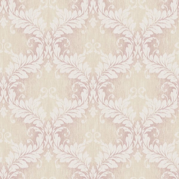 Pink damask wallpaper with ivory white ornate floral pattern in a repeating decorative design.