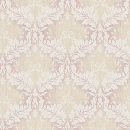 Pink damask wallpaper with ivory white ornate floral pattern in a repeating decorative design.