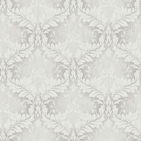 Silver Grey embossed damask wallpaper with an ornate, scrolling floral motif.