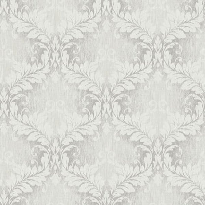 Silver Grey embossed damask wallpaper with an ornate, scrolling floral motif.