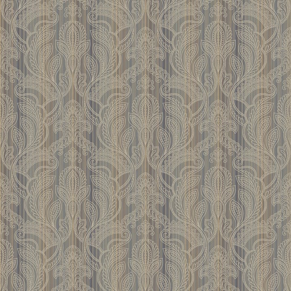 Bronze-brown metallic damask wallpaper with ornate scrolling florals.