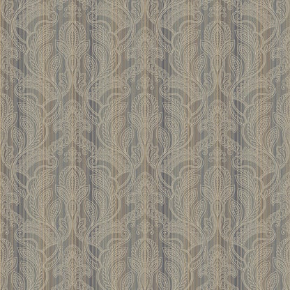 Bronze-brown metallic damask wallpaper with ornate scrolling florals.