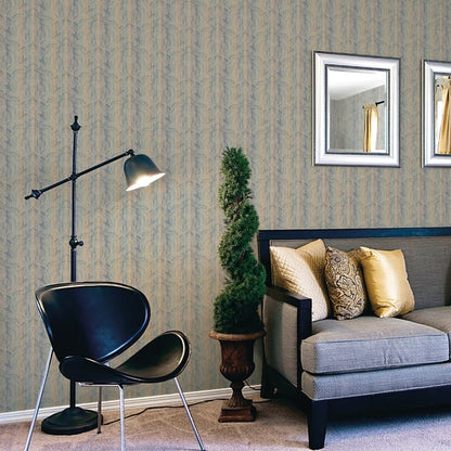 Living room scene with metallic bronze-brown damask wallpaper as backdrop; visible furnishings include a black arc floor lamp, black curved lounge chair, a green spiral topiary, and a grey sofa with gold cushions.