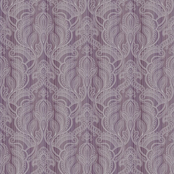 Purple damask wallpaper with lilac scrolls and ornate leaf motifs in lavender tones.