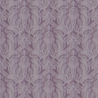 Purple damask wallpaper with lilac scrolls and ornate leaf motifs in lavender tones.
