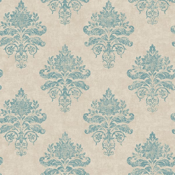 Blue damask pattern on beige background; ornate vintage-inspired wallpaper design.