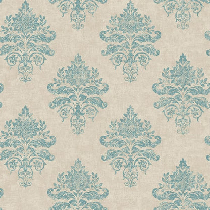 Blue damask pattern on beige background; ornate vintage-inspired wallpaper design.