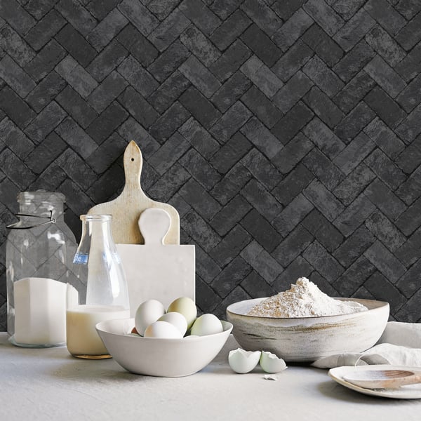 Galerie Wallcoverings Just Kitchens Herringbone Brick Galerie Wallcoverings  Black   - G45426