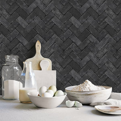 Galerie Wallcoverings Just Kitchens Herringbone Brick Galerie Wallcoverings  Black   - G45426