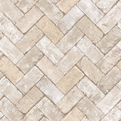 Beige and cream herringbone brick wallcovering pattern.