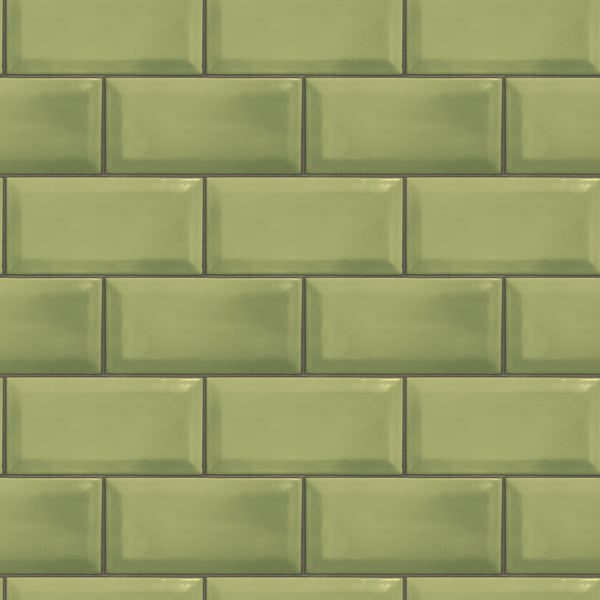 Glossy olive-green rectangular ceramic subway tiles for a kitchen backsplash, laid in a brick pattern.