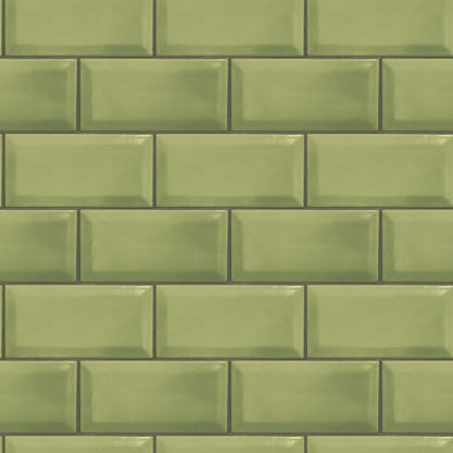Glossy olive-green rectangular ceramic subway tiles for a kitchen backsplash, laid in a brick pattern.