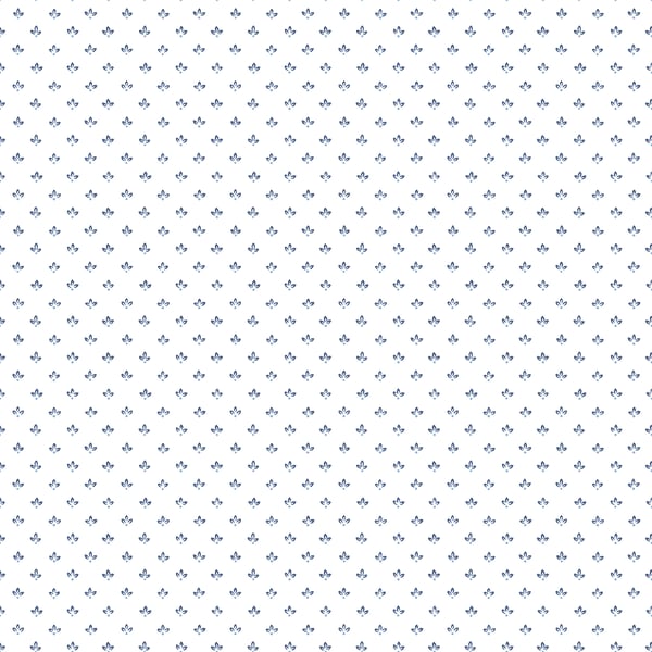White wallcovering with tiny navy fleur-de-lis motifs in a delicate repeating pattern.