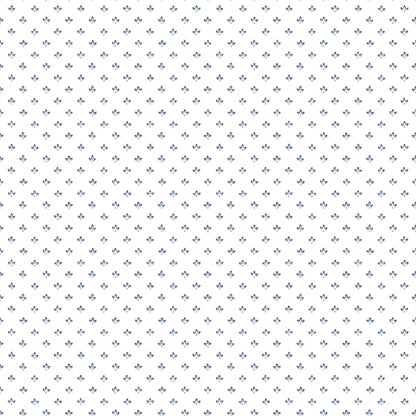 White wallcovering with tiny navy fleur-de-lis motifs in a delicate repeating pattern.