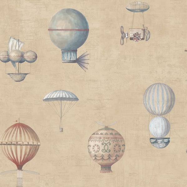 Beige vintage wallpaper with pastel airships and balloons: red-striped balloon, ornate blue spheres, and steampunk craft.