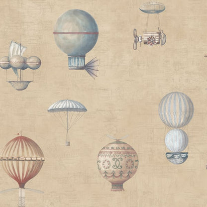 Beige vintage wallpaper with pastel airships and balloons: red-striped balloon, ornate blue spheres, and steampunk craft.
