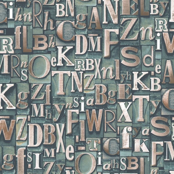 Green collage of vintage metal letterpress type blocks in various fonts and sizes, randomly arranged.