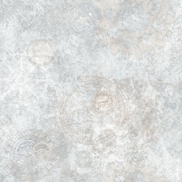 Weathered gray wallpaper featuring circular gears and subtle geometric medallions.