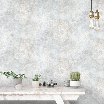 Silver-grey wallpaper with a nostalgic gears pattern.