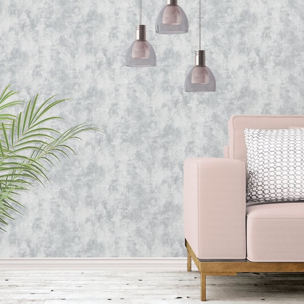 Textured silver-grey wallpaper with a gear-pattern design visible behind a living room setup.