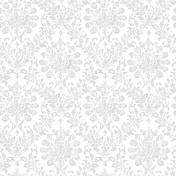 Grey damask pattern wallpaper with ornate floral motifs on white background.